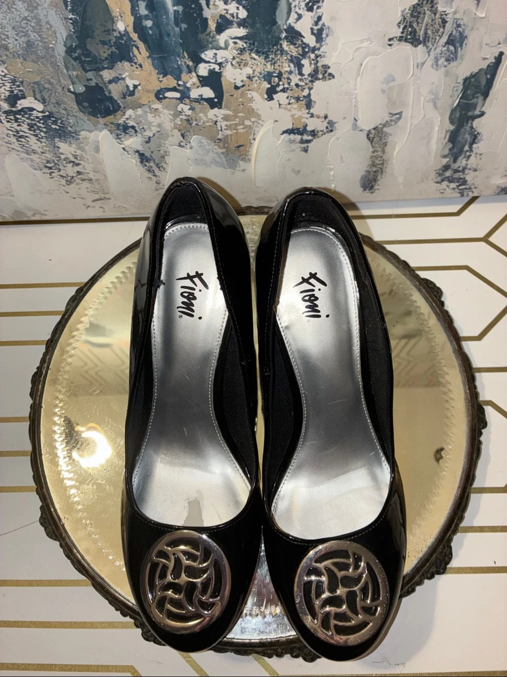 Genuine Fioni Black Patent Wedge Pumps with Silver Medallion Size 6.5